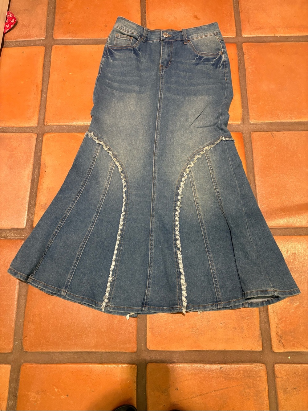Women's Blue Panelled Flare Jean skirt hardly worn
